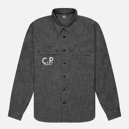 фото Мужская рубашка c.p. company chambray logo, цвет серый, размер xxl