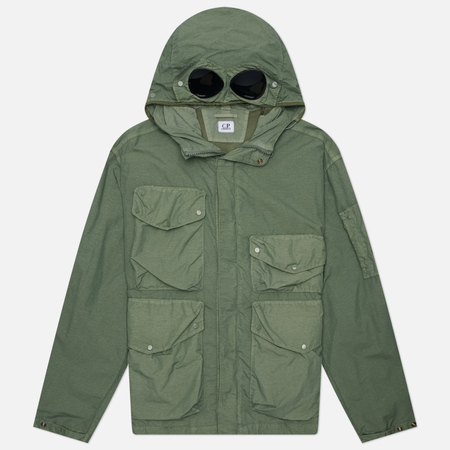 фото Мужская куртка ветровка c.p. company flatt nylon goggle hooded, цвет зелёный, размер xxl