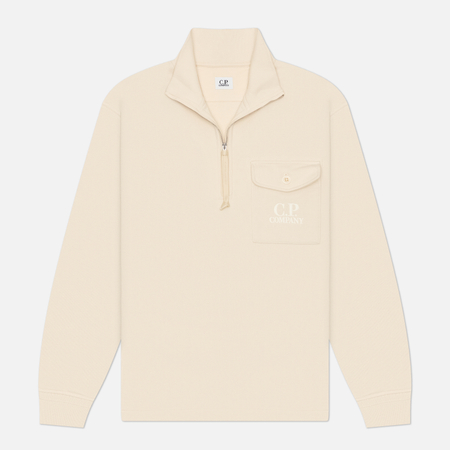фото Мужская толстовка c.p. company diagonal raised fleece half zip regular, цвет бежевый, размер xxl