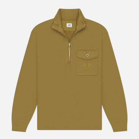 фото Мужская толстовка c.p. company diagonal raised fleece half zip regular, цвет оливковый, размер xl