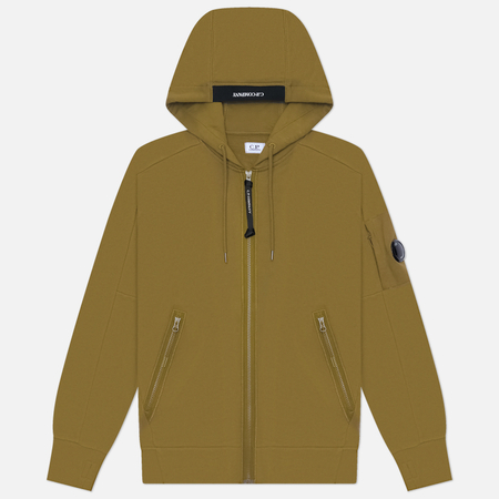 фото Мужская толстовка c.p. company dioganal raised fleece lens full-zip hoodie, цвет оливковый, размер xl