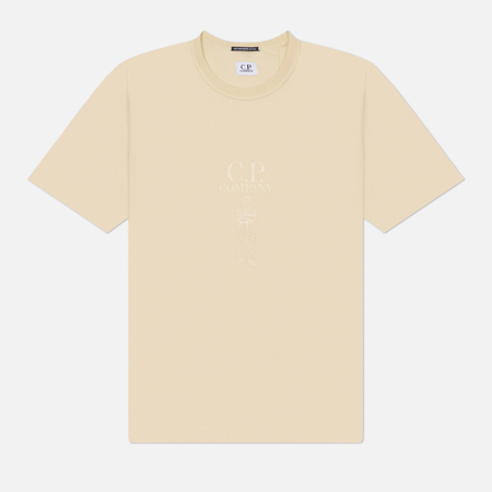 фото Мужская футболка c.p. company mercerized jersey 30/2 twisted logo, цвет бежевый, размер xxl