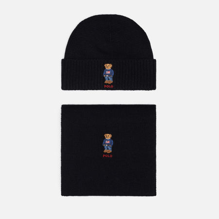 фото Подарочный набор polo ralph lauren flag vintage bear beanie & scarf gift box, цвет чёрный