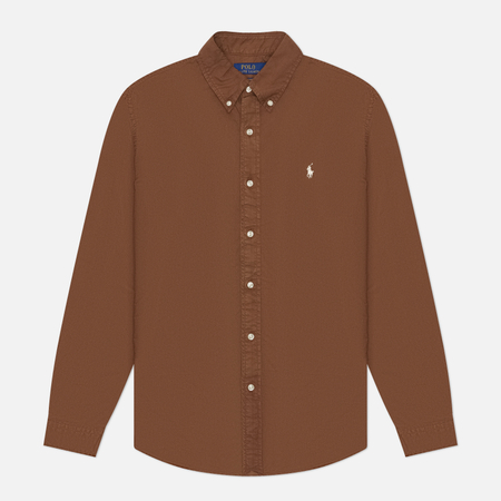 фото Мужская рубашка polo ralph lauren custom fit garment dyed oxford, цвет коричневый, размер s