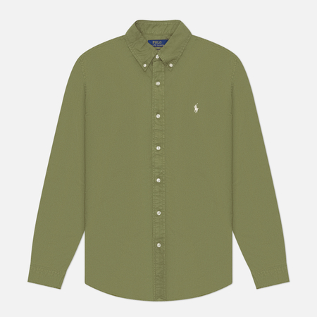 фото Мужская рубашка polo ralph lauren custom fit garment dyed oxford, цвет оливковый, размер xl