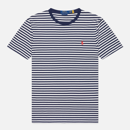 фото Мужская футболка polo ralph lauren embroidered logo stripe custom slim, цвет синий, размер m