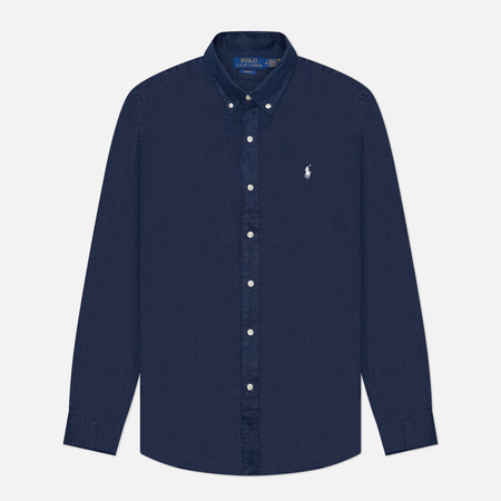 фото Мужская рубашка polo ralph lauren slim fit piece dyed linen, цвет синий, размер m