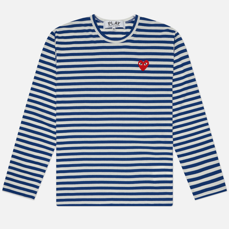 фото Мужской лонгслив comme des garcons play red emblem striped, цвет синий, размер m