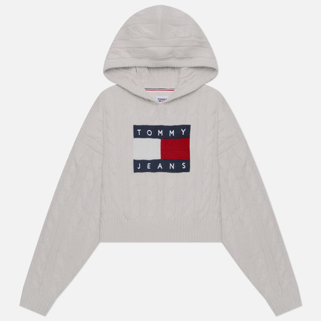 фото Женский свитер tommy jeans center flag cable hoodie, цвет белый, размер s