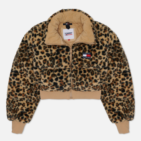 фото Женский пуховик tommy jeans ultra cropped leo faux fur, цвет коричневый, размер xs