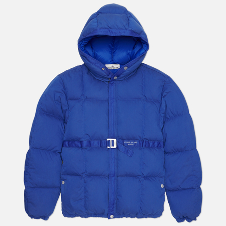 фото Мужской пуховик stone island marina hooded buckled, цвет синий, размер l