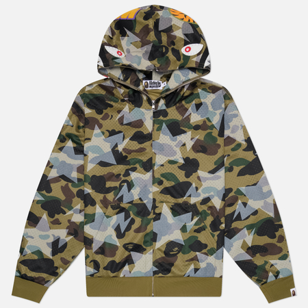 Мужская толстовка A Bathing Ape STA Over Print 1st Camo Mesh Shark Cropped Fit Full Zip Hoodie, цвет зелёный, размер M