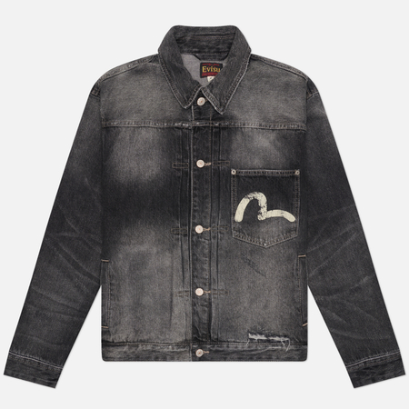 Мужская джинсовая куртка Evisu Distressed Denim Trucker, цвет чёрный, размер M