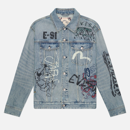 Мужская джинсовая куртка Evisu Heritage Fortune Theme Hand Painted All Over Print Denim, цвет голубой, размер M