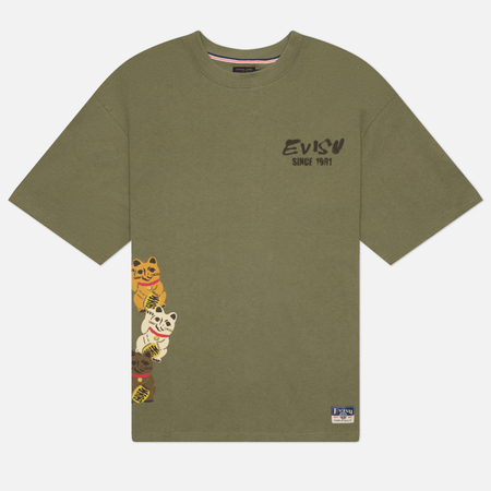 Мужская футболка Evisu Heritage Fortune Cat Daruma Printed, цвет оливковый, размер XXL