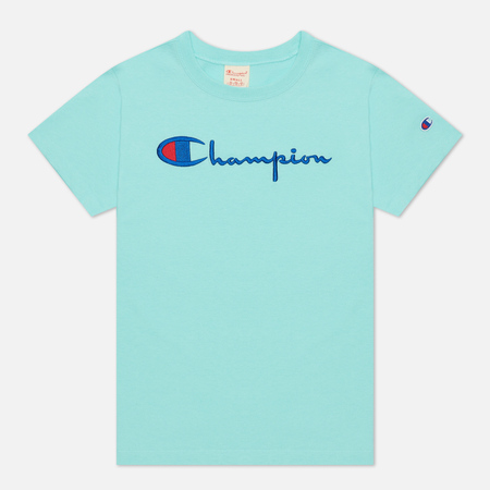 Женская футболка Champion Reverse Weave Script Logo Crew Neck, цвет голубой, размер L