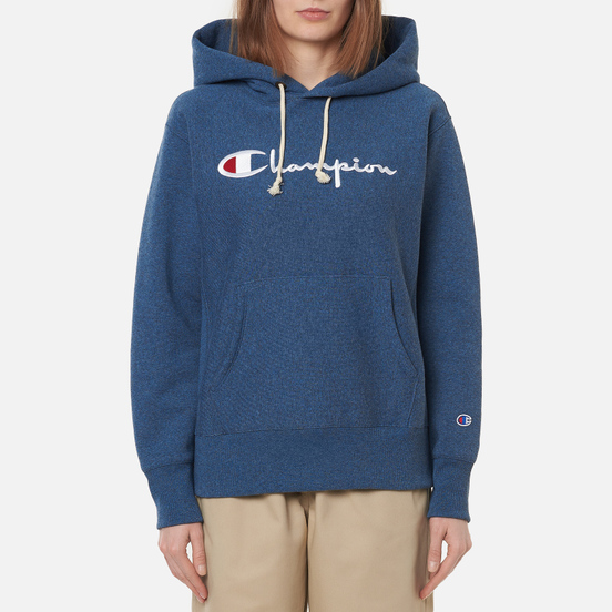 Женская толстовка Champion Reverse Weave Big Script & Logo Sleeve Hoodie Indigo Heather