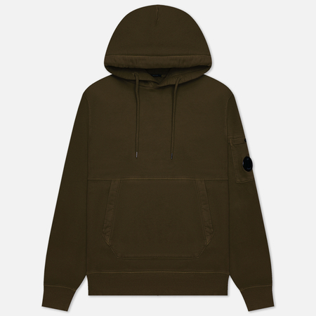 фото Мужская толстовка c.p. company brushed & emerized diagonal fleece lens hoodie garment dyed, цвет оливковый, размер s