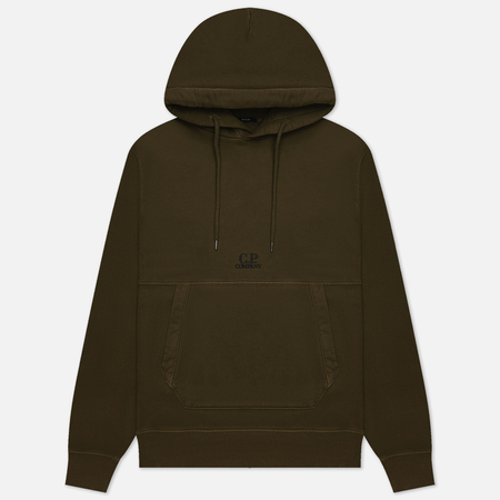 фото Мужская толстовка c.p. company brushed & emerized diagonal fleece logo garment dyed, цвет оливковый, размер s