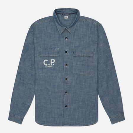 фото Мужская рубашка c.p. company chambray logo, цвет синий, размер xxl