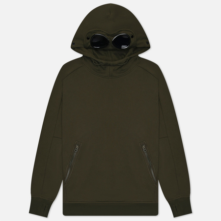 фото Мужская толстовка c.p. company diagonal raised fleece hoodie goggle, цвет оливковый, размер s