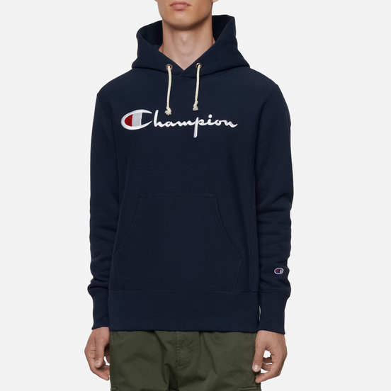 Мужская толстовка Champion Reverse Weave Big Script Chest & Logo Sleeve Hooded Navy