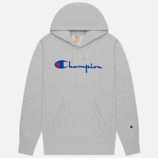 Мужская толстовка Champion Reverse Weave Big Script Chest & Logo Sleeve Hooded Light Grey