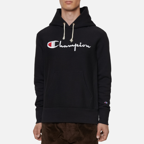 Мужская толстовка Champion Reverse Weave Big Script Chest & Logo Sleeve Hooded Black
