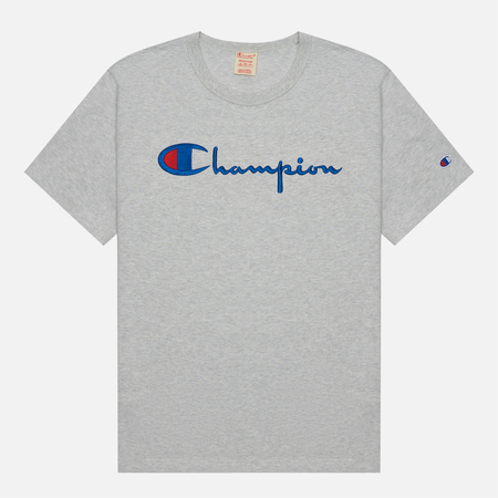 Мужская футболка Champion Reverse Weave Basic Big Script Logo Crew Neck Comfort Fit, цвет серый, размер S