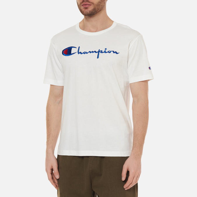 Мужская футболка Champion Reverse Weave, цвет белый, размер L 216547-WW001 Basic Big Script Logo Crew Neck Comfort Fit - фото 3