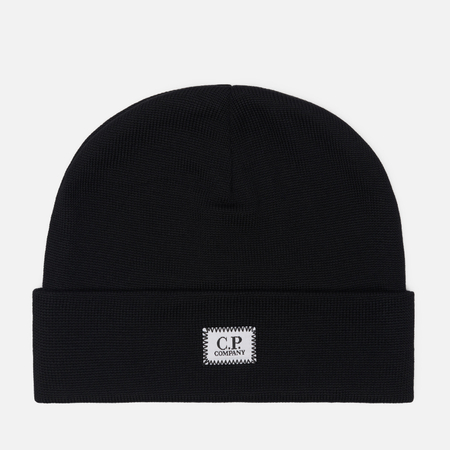 Шапка C.P. Company Extrafine Merino Wool Logo Label Ribbed, цвет чёрный