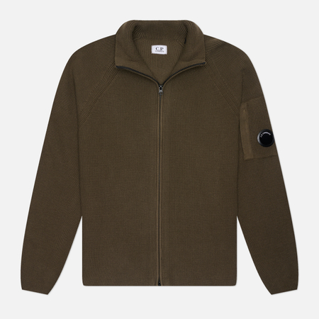 Мужской свитер C.P. Company Waffle Knit Cotton Zip Lens, цвет оливковый, размер L
