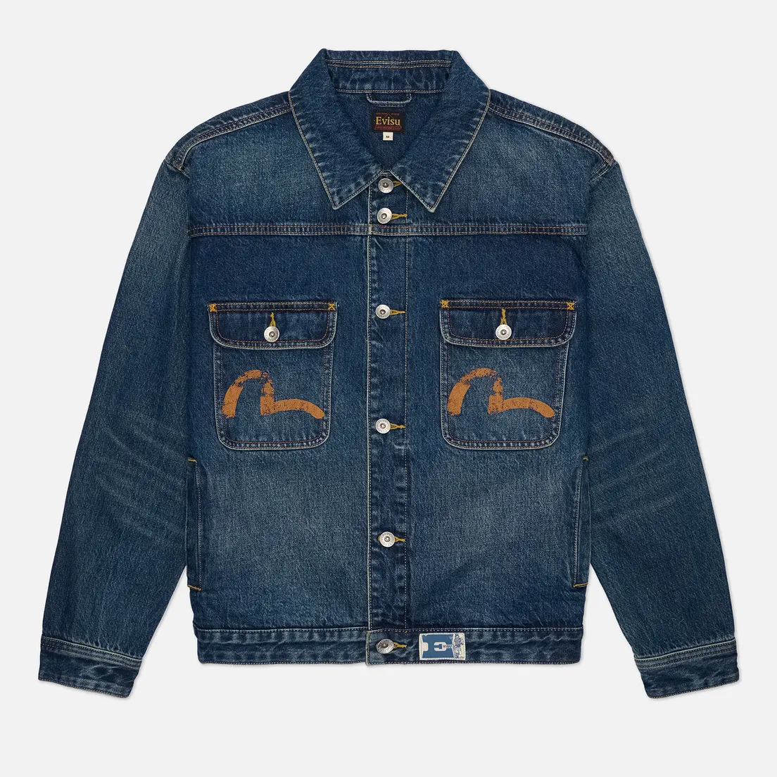 Evisu Мужская джинсовая куртка Distressed Seagull Print & Frayed Logo Patch Embroidery Denim