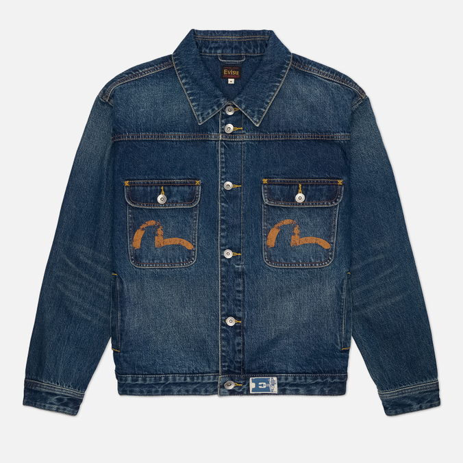 Мужская джинсовая куртка Evisu Distressed Seagull Print & Frayed Logo Patch Embroidery Denim