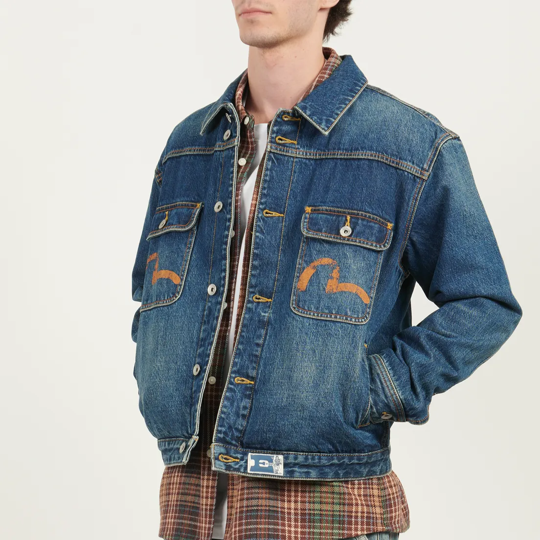 Evisu Мужская джинсовая куртка Distressed Seagull Print & Frayed Logo Patch Embroidery Denim