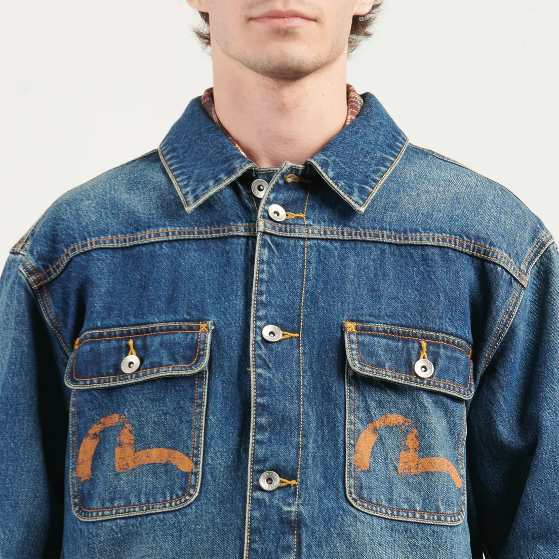Evisu Мужская джинсовая куртка Distressed Seagull Print & Frayed Logo Patch Embroidery Denim