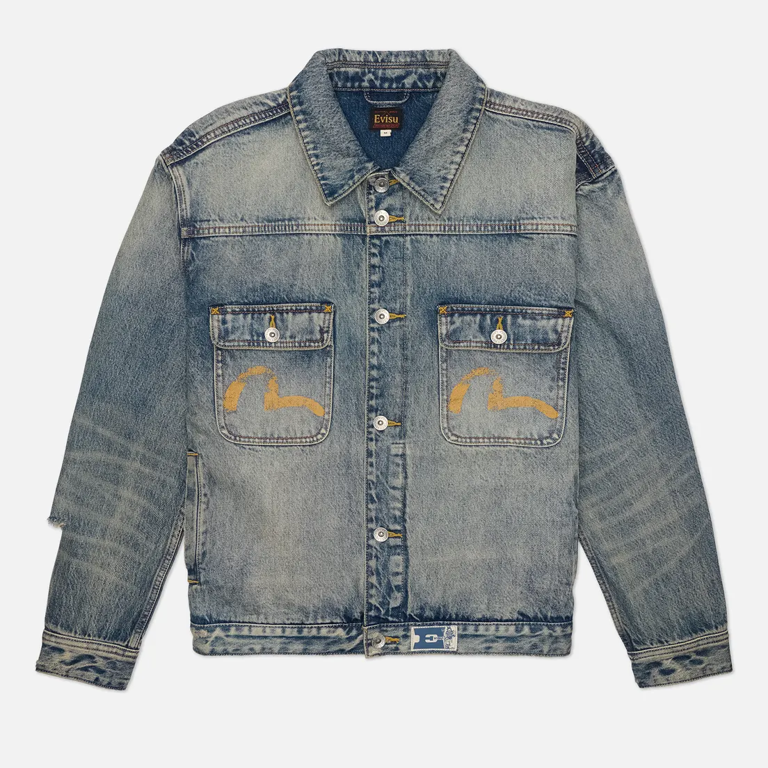 Evisu Мужская джинсовая куртка Distressed Seagull Print & Frayed Logo Patch Embroidery Denim