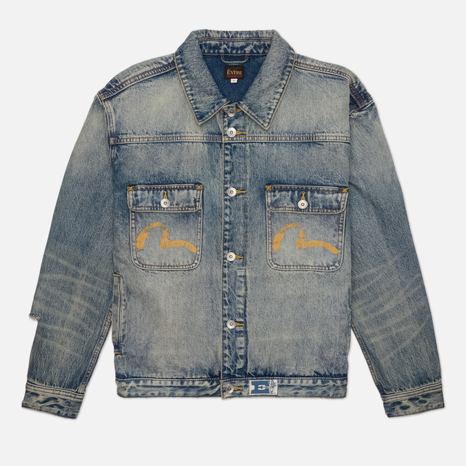 Мужская джинсовая куртка Evisu Distressed Seagull Print & Frayed Logo Patch Embroidery Denim