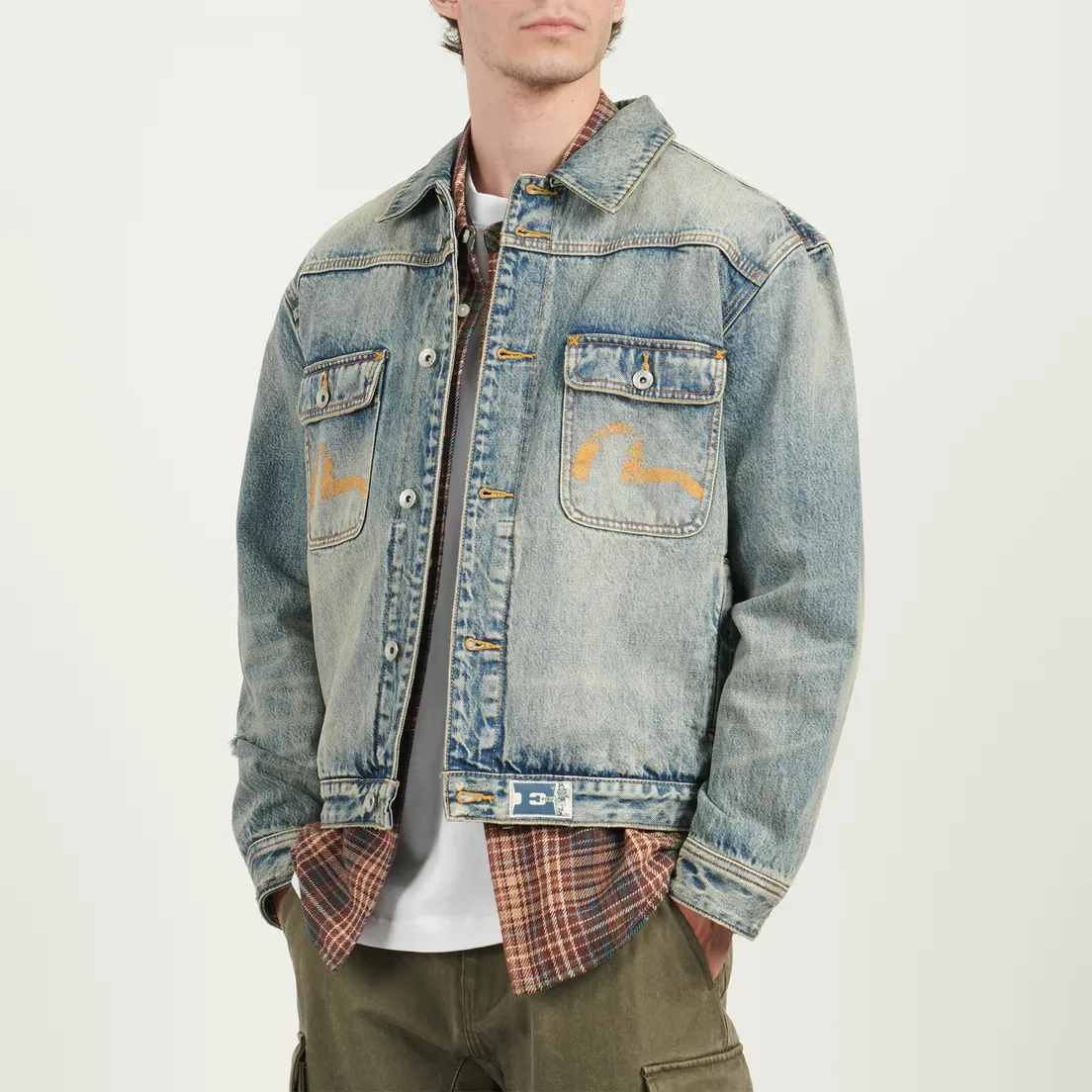 Evisu Мужская джинсовая куртка Distressed Seagull Print & Frayed Logo Patch Embroidery Denim