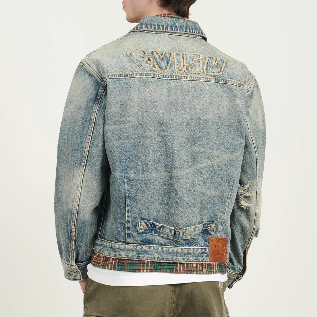 Evisu Мужская джинсовая куртка Distressed Seagull Print & Frayed Logo Patch Embroidery Denim