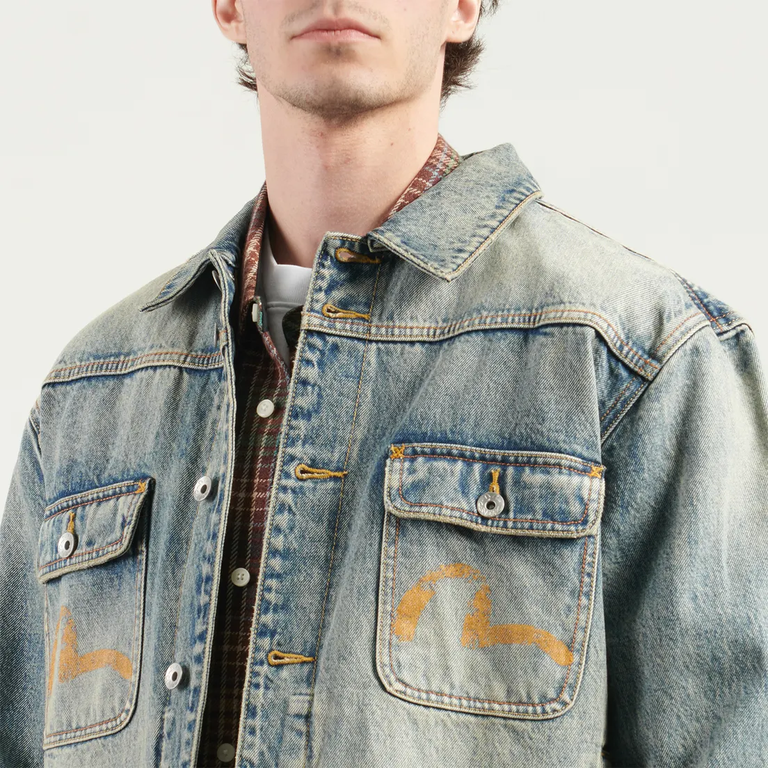 Evisu Мужская джинсовая куртка Distressed Seagull Print & Frayed Logo Patch Embroidery Denim