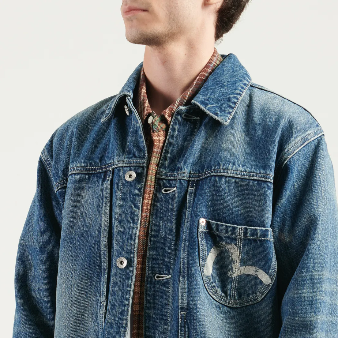Evisu Мужская джинсовая куртка Washed Big Pockets Denim