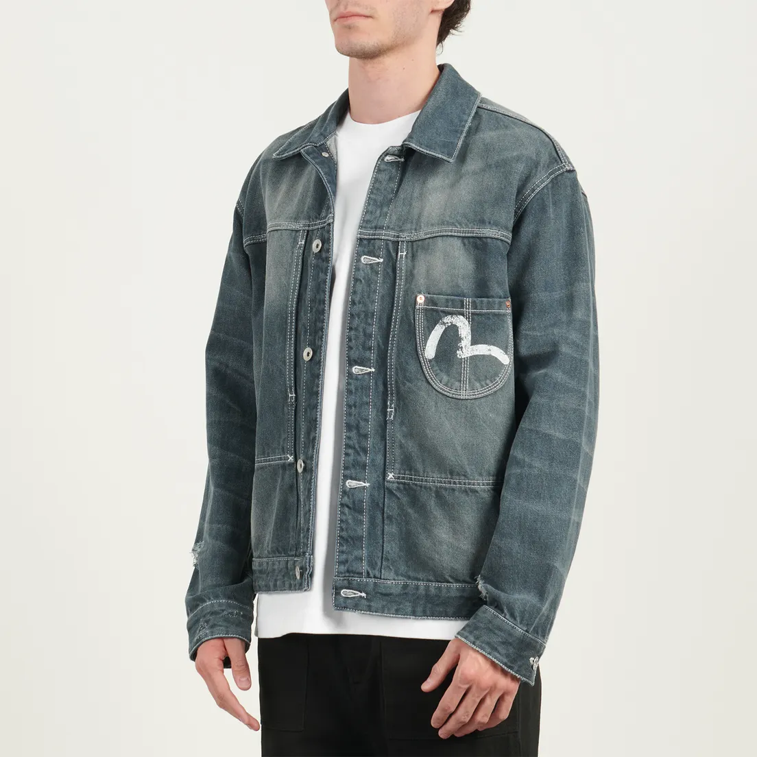 Evisu Мужская джинсовая куртка Washed Big Pockets Denim