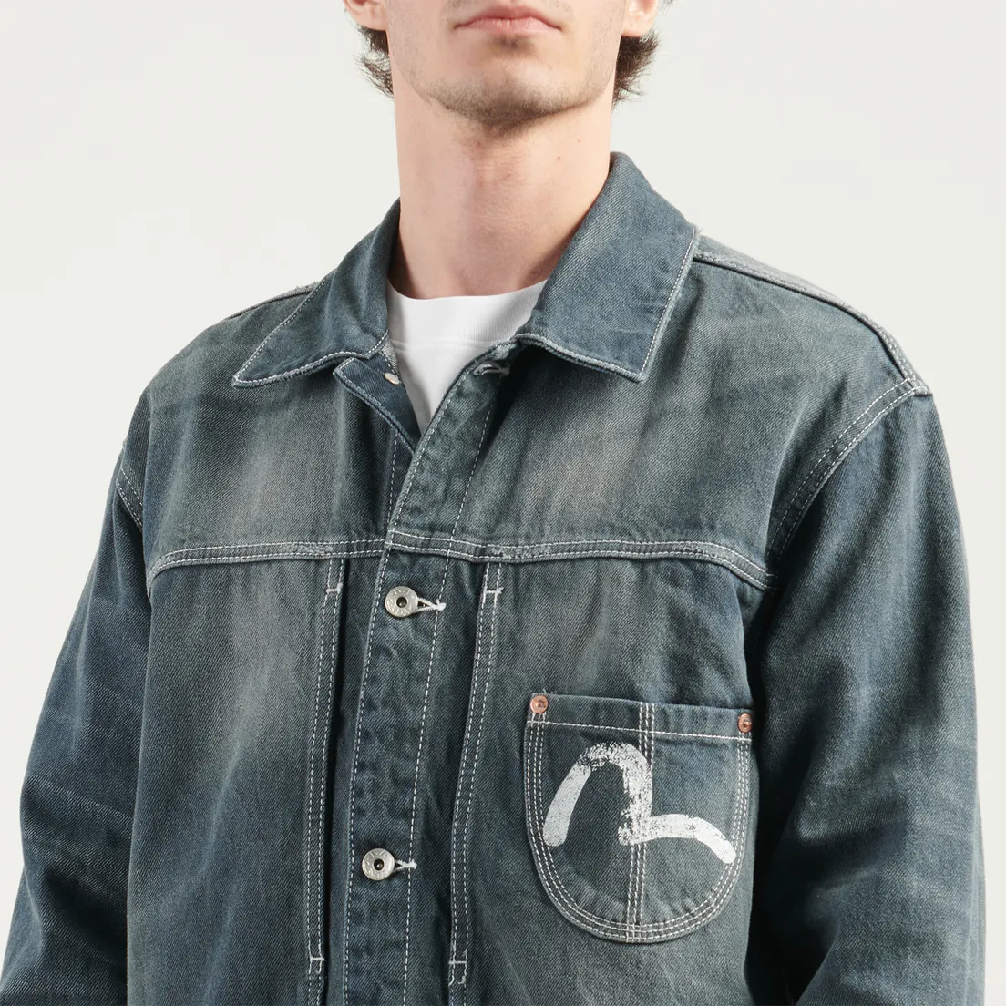Evisu Мужская джинсовая куртка Washed Big Pockets Denim