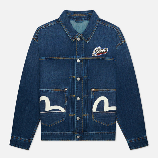 Мужская джинсовая куртка Evisu Heritage Printed Godhead Flag Daruma Embroidered Indigo Dark Tone