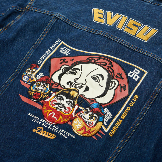 Мужская джинсовая куртка Evisu Heritage Printed Godhead Flag Daruma Embroidered Indigo Dark Tone