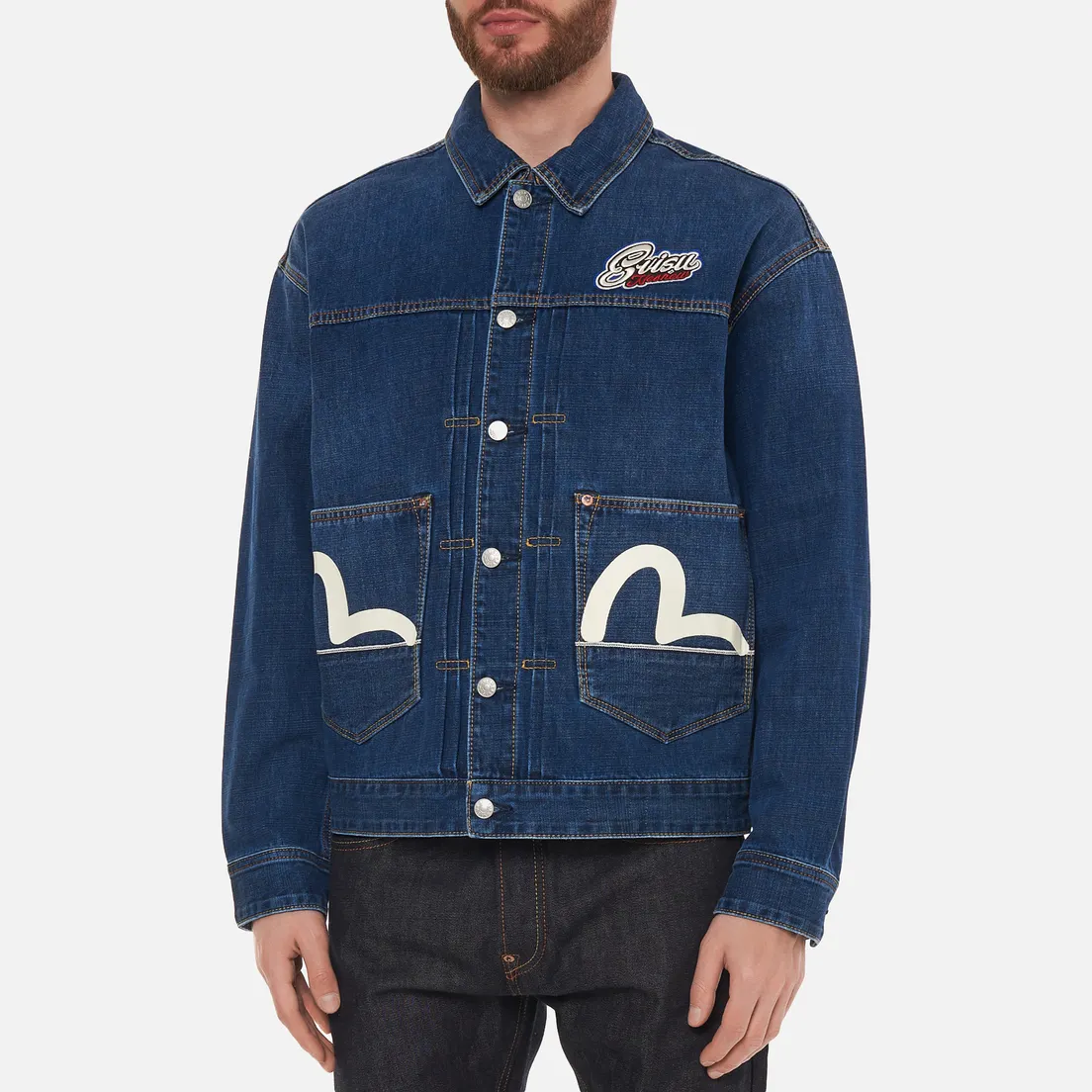 Evisu Мужская джинсовая куртка Heritage Printed Godhead Flag Daruma Embroidered