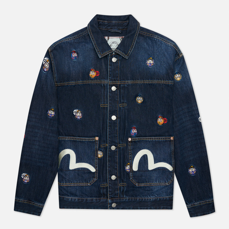 Мужская джинсовая куртка Evisu Heritage All Over Embroidered Daruma Badge, цвет синий, размер L