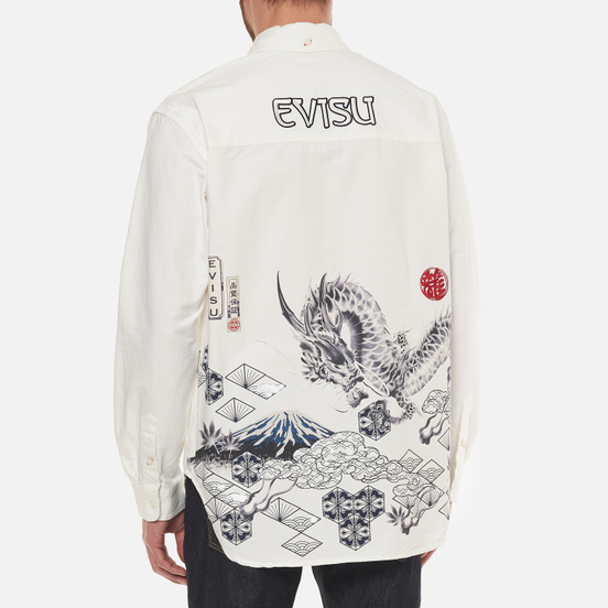 Мужская рубашка Evisu Heritage Dragon & Mountain Fuji Printed Oxford Off White