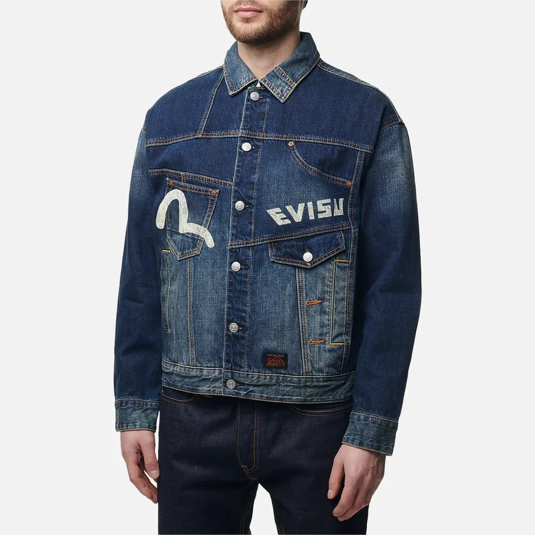 Evisu Мужская джинсовая куртка Evergreen Deconstructive Denim With Daicock Print